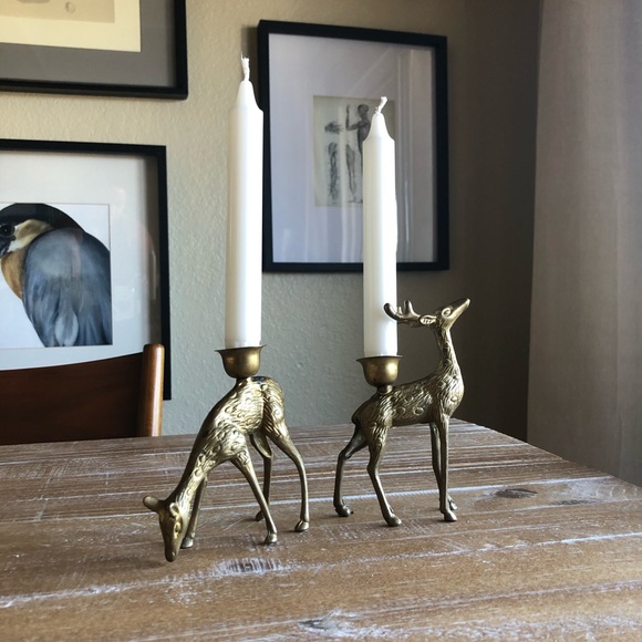 Vintage Brass Reindeer Taper Candle Holders Set/ 2